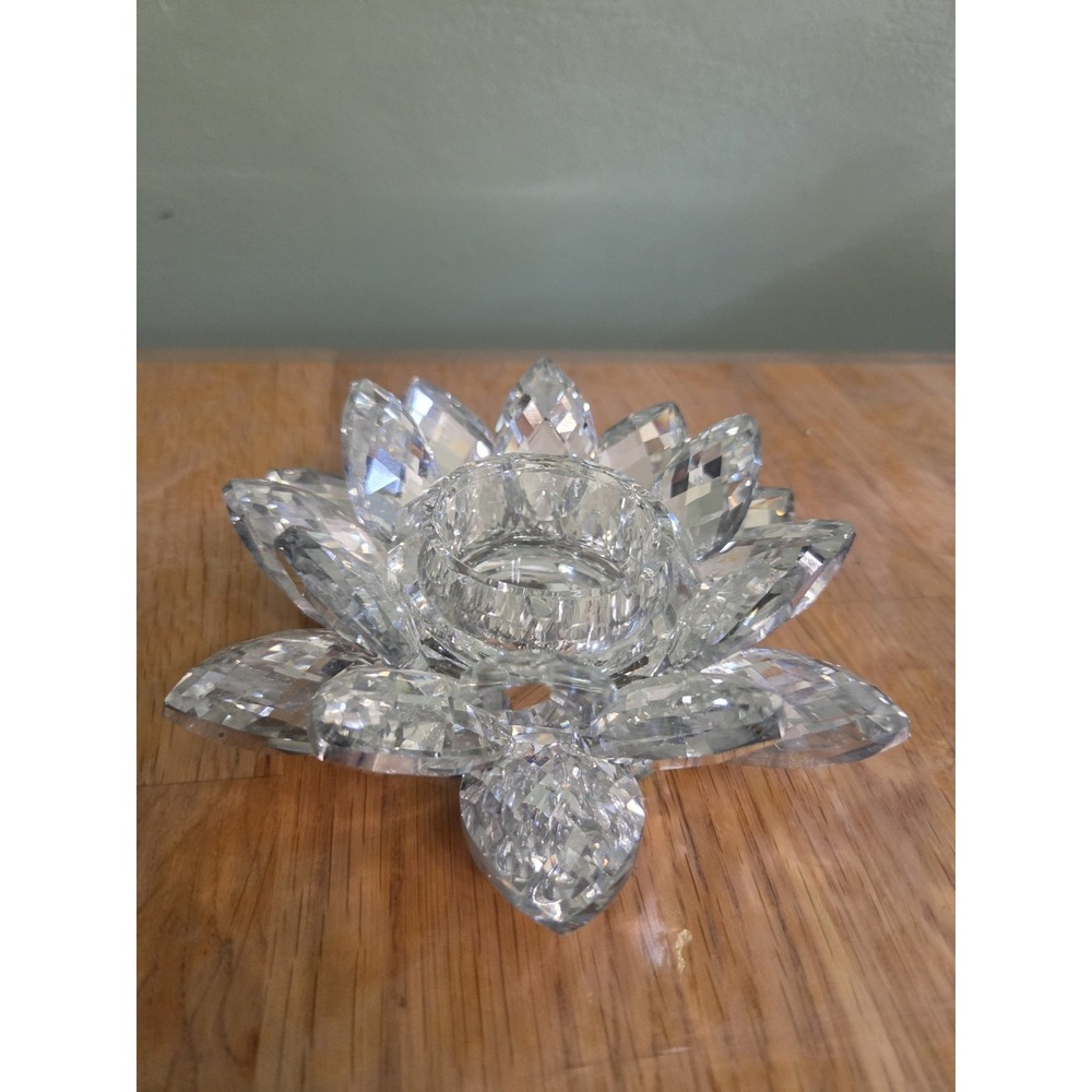 Crystal Cut Glass Mirror Lotus Flower Shaped Tea Light  Candle Holder